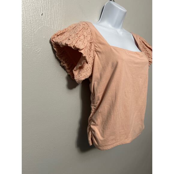 Express Pink Square Neck Eyelet Short Sleeve Rouched Sides Back Bow Size Medium - Picture 5 of 13